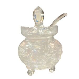 Vintage ICrystal Cut Glass Honey Jam Jar 3 Legged Pot with Lid & Spoon